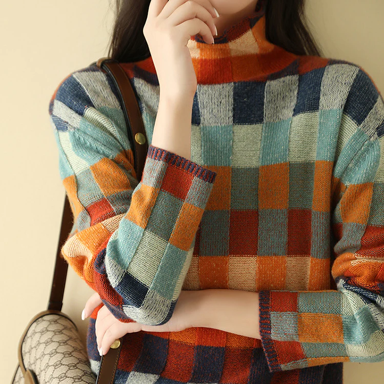 Jersey de mujer con cuello alto, diseño multicolor de punto suave. Perfecto para un estilo cálido y chic en invierno.