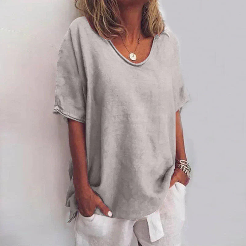 Camisa holgada de mujer con cuello en V, perfecta para moda casual y ropa versátil de verano. Tallas grandes.