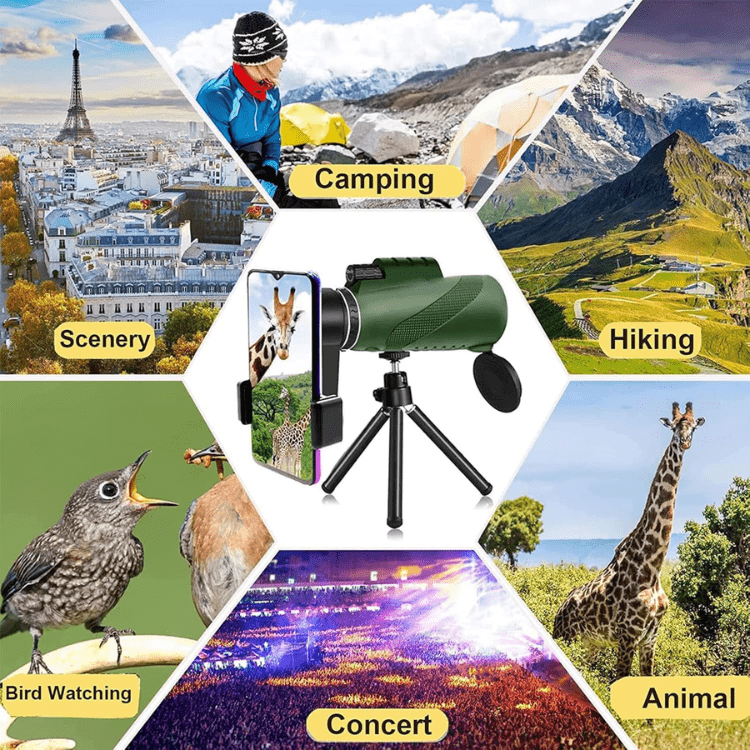 Monocular con óptica clara HD 600x, compacto y resistente, perfecto para observación a distancia.