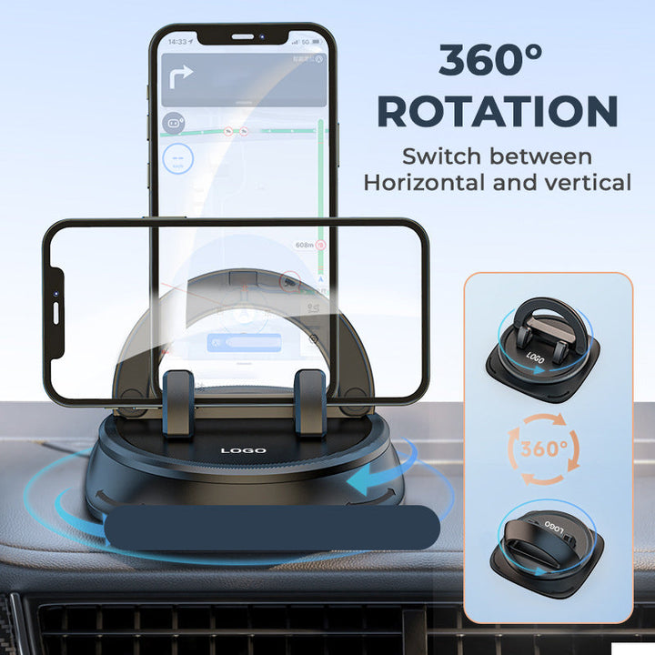Soporte de móvil FlexMount 360 en salpicadero, rotación 360° para GPS, navegación y seguridad al conducir.