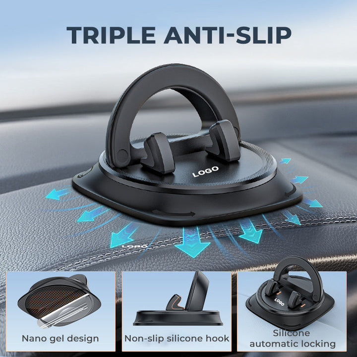 Teléfono en soporte FlexMount 360 para coche, rotación 360°, ideal para GPS, accesorios auto y seguridad.
