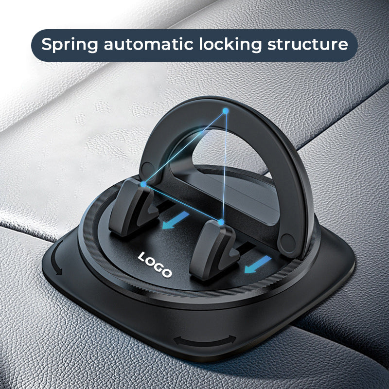 Vista del soporte de teléfono FlexMount 360 en coche, rotación 360°, para GPS y seguridad vial del conductor.