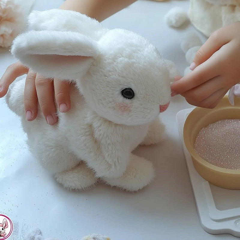 Juguete interactivo de conejo de peluche con sonidos alegres y movimientos divertidos para niños pequeños.