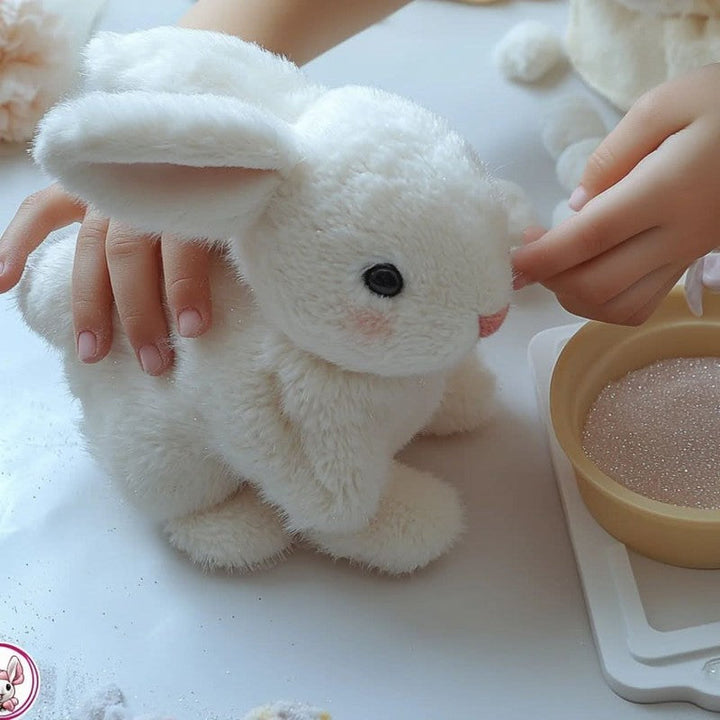 Juguete interactivo de conejo de peluche con sonidos alegres y movimientos divertidos para niños pequeños.