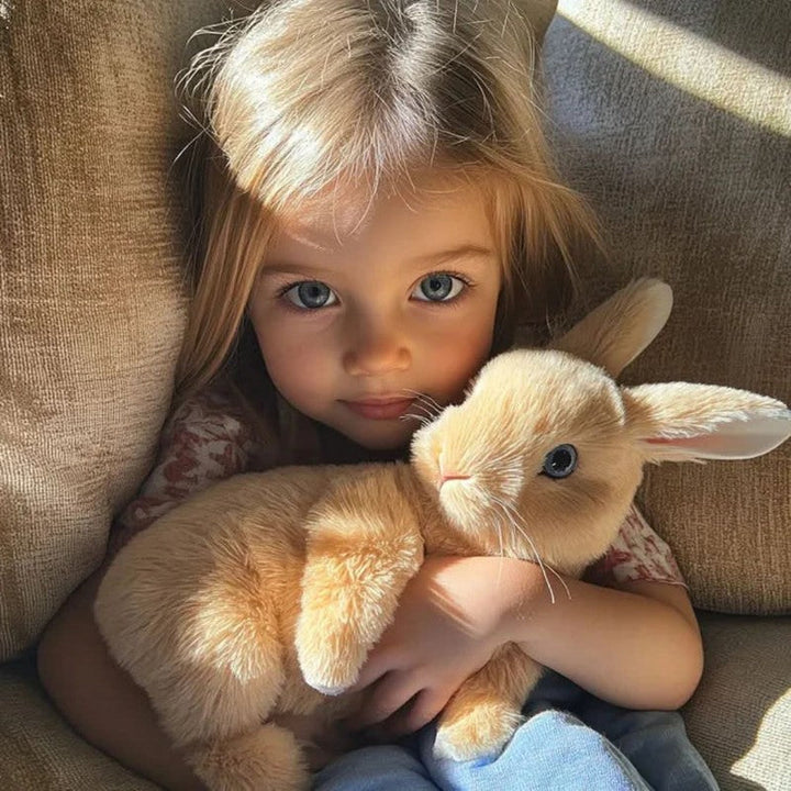 Peluche interactivo de conejo que emite sonido y se mueve, estimulando los sentidos de los niños en su juego.