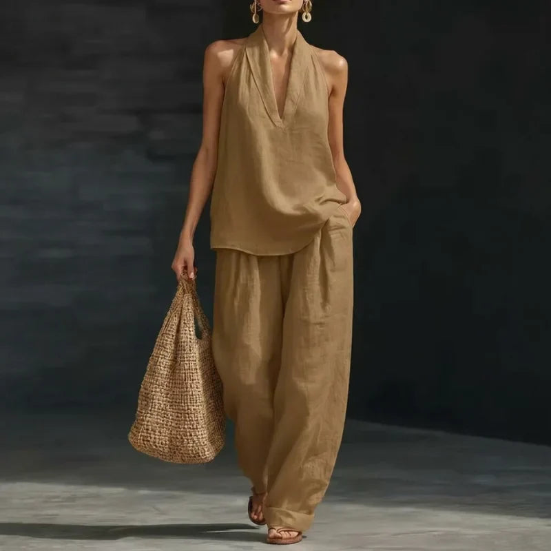Conjunto completo de lino para mujer, blusa de manga corta y pantalón amplio, ideal para un look fresco.