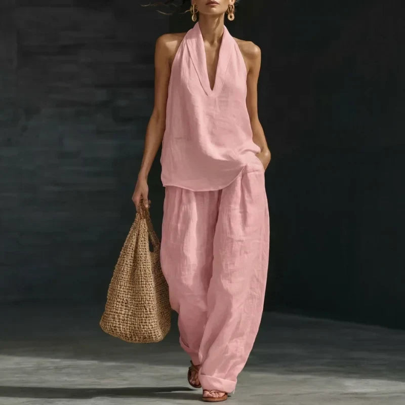 Conjunto de lino natural para mujer, blusa y pantalón amplio, transpirable y cómodo, moda de verano.