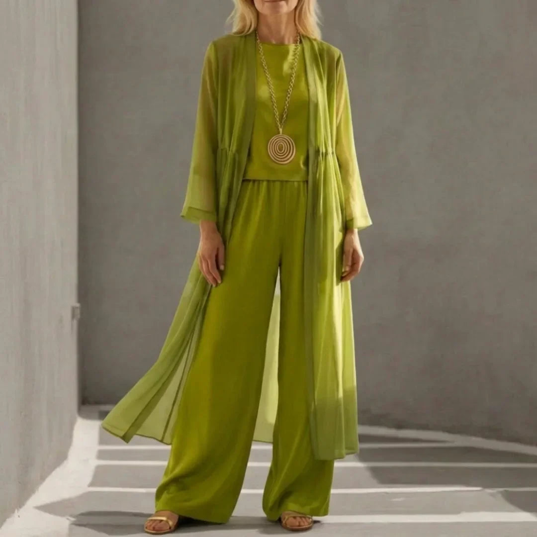 Conjunto elegante de 3 piezas para mujer, top, pantalón ancho y cárdigan fluido. Ideal para comodidad diaria.