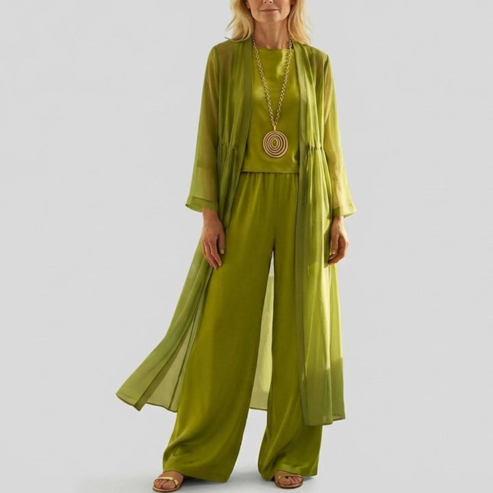 Moda femenina: Conjunto de 3 piezas versátil con pantalón ancho y cárdigan. Estilo casual elegante para mujer.