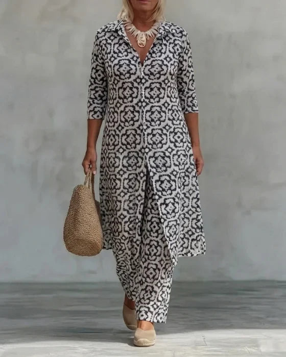 Conjunto Sara de mujer dos piezas con botones y pantalón recto elegante. Ideal para primavera y verano.