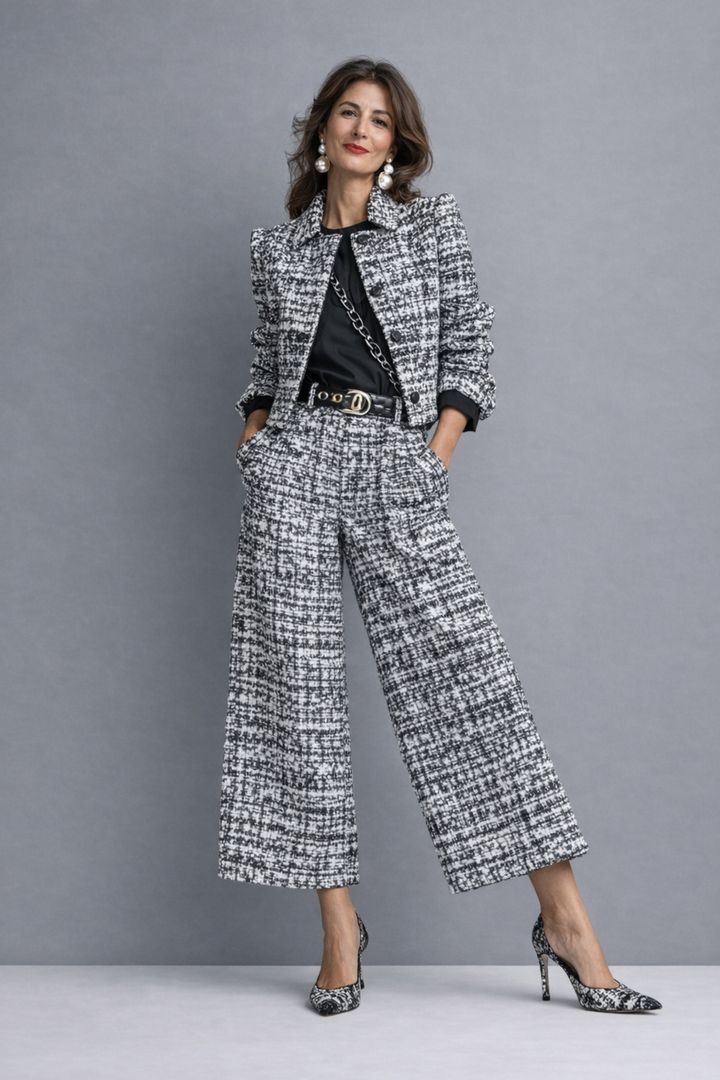 Conjunto moderno de mujer dos piezas en tweed: chaqueta corta chic y pantalón ancho, moda femenina.
