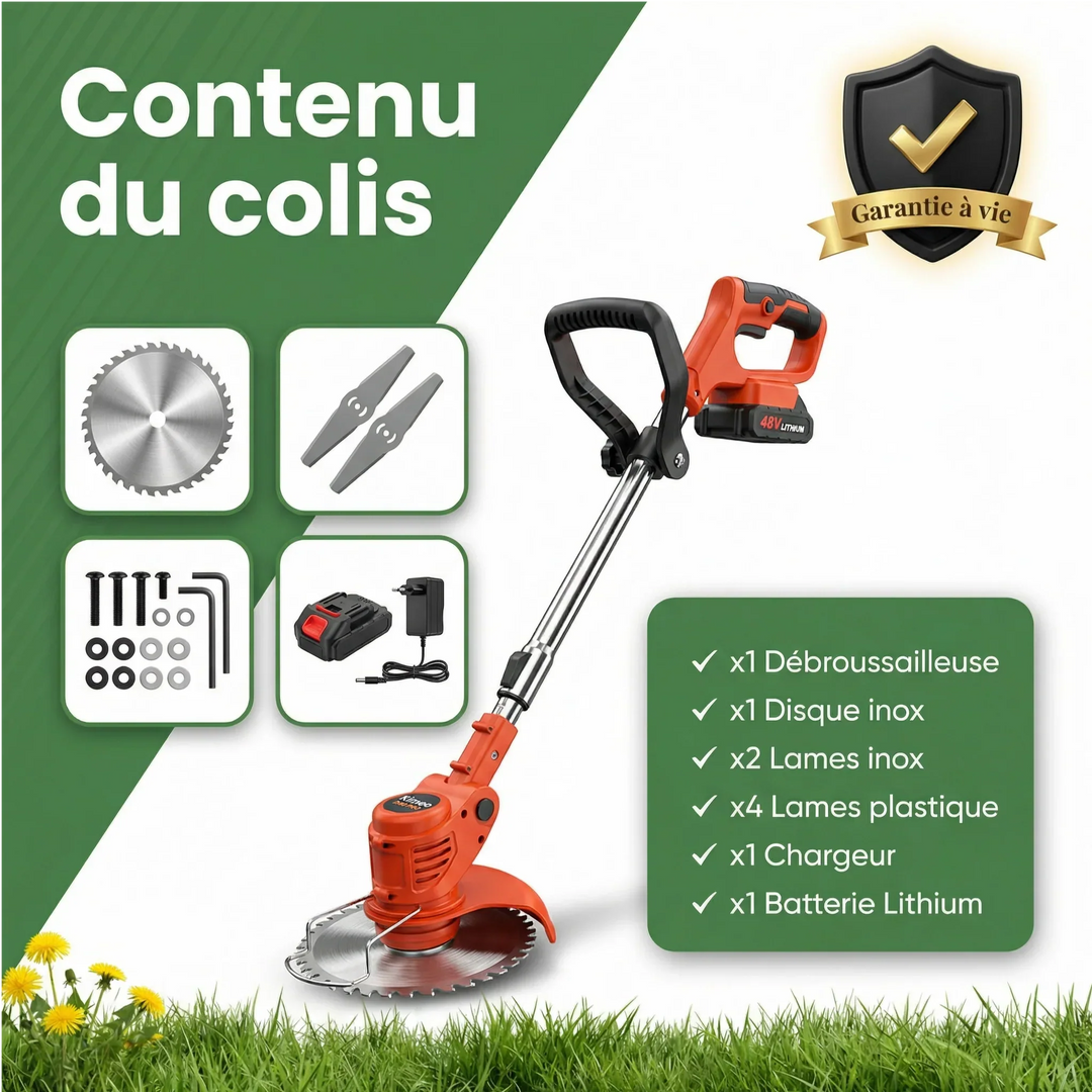 Primer plano del cabezal de corte de la desbrozadora inalámbrica potente. Herramienta de jardinería de alto rendimiento.