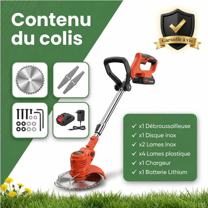 Primer plano del cabezal de corte de la desbrozadora inalámbrica potente. Herramienta de jardinería de alto rendimiento.