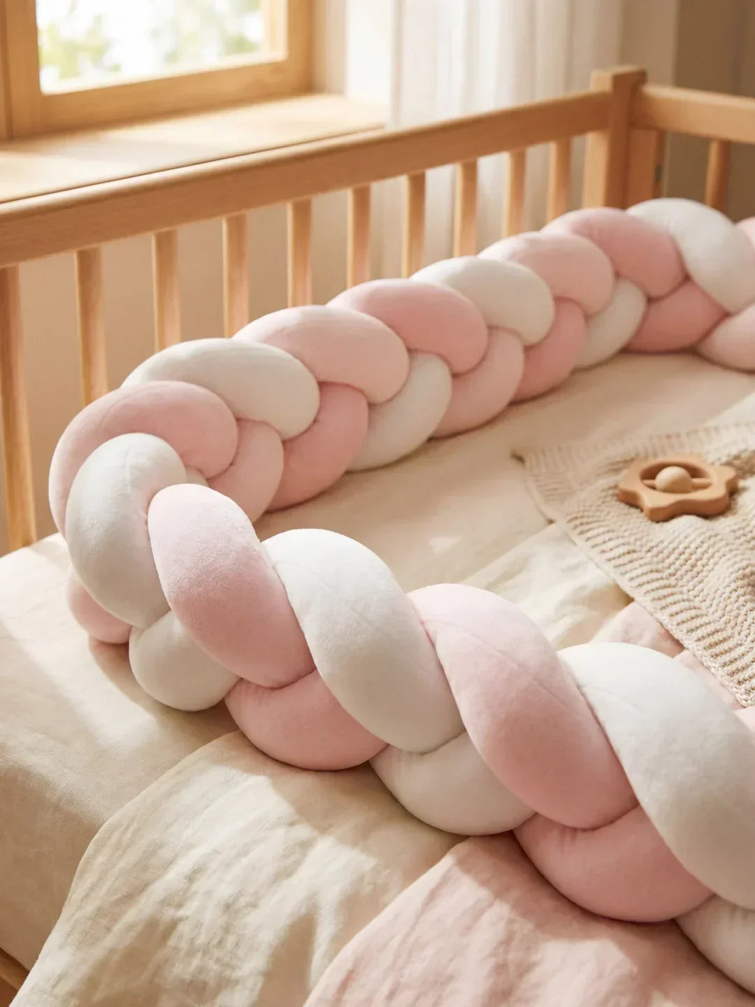 Decoración de nursery con protector de cuna trenzado bicolor, acolchado y seguro, para un ambiente infantil acogedor.