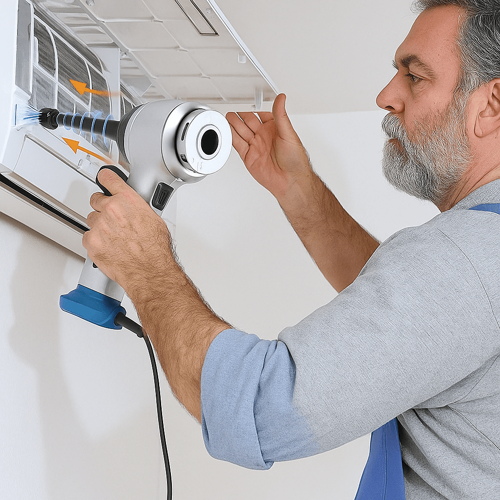 Limpieza interior de vehículo con aspiradora de coche inalámbrica. Compacta, portátil, con inflador y soplador.