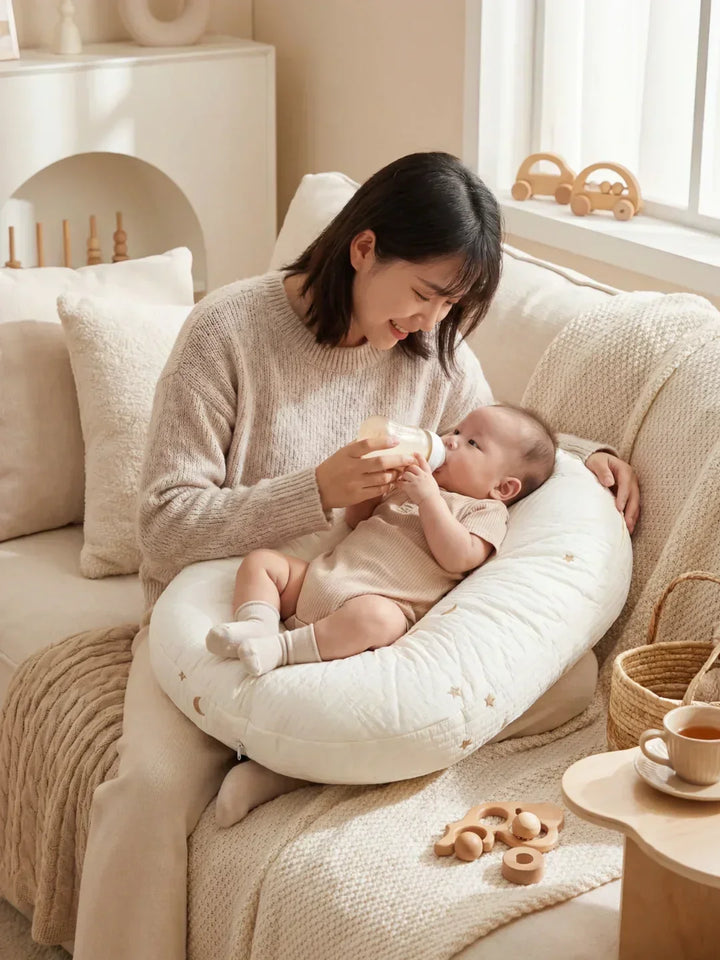Soporte acolchado de lactancia para un agarre cómodo del bebé y descanso para la madre.