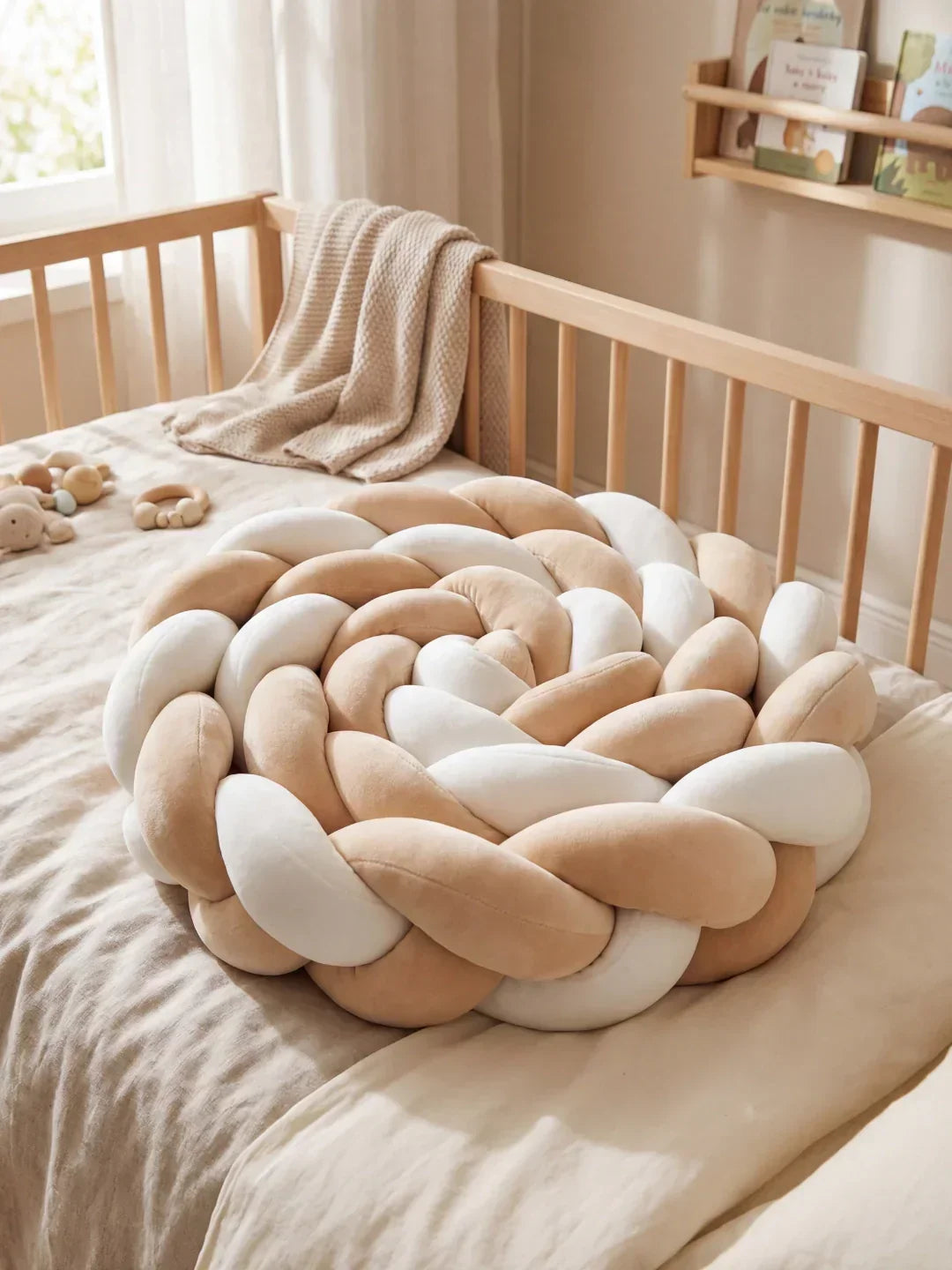 Cuna de bebé con protector trenzado bicolor, acolchado premium, ofrece seguridad y estilo a la habitación infantil.