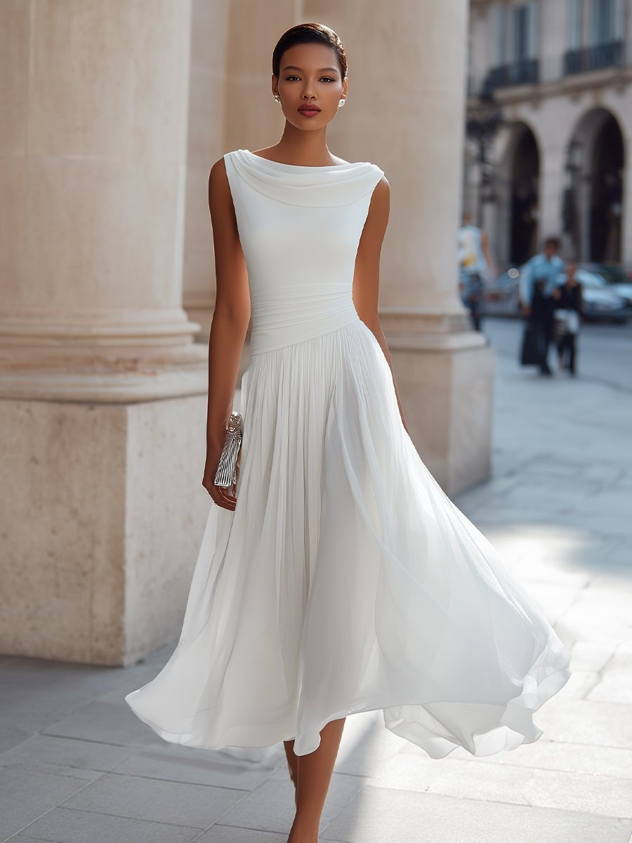 Vestido de boda midi para invitada, drapeado, sin mangas, falda fluida, perfecto para eventos formales.