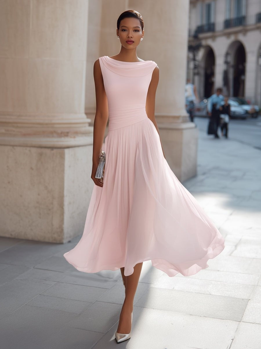 Vestido sin mangas drapeado para boda, estilo midi elegante y falda fluida para mujer.