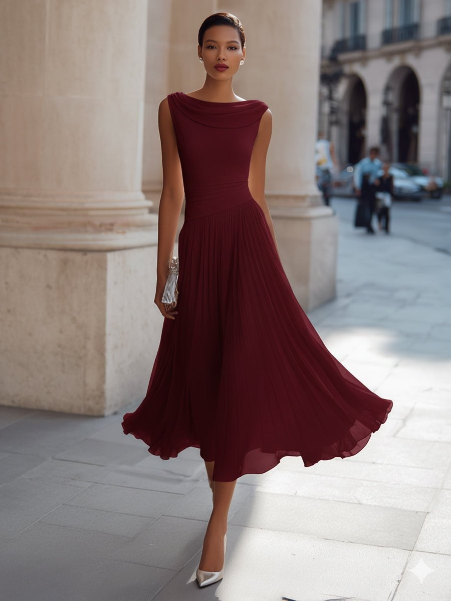 Hermoso vestido de boda midi, drapeado y sin mangas, ideal para invitadas y eventos especiales.