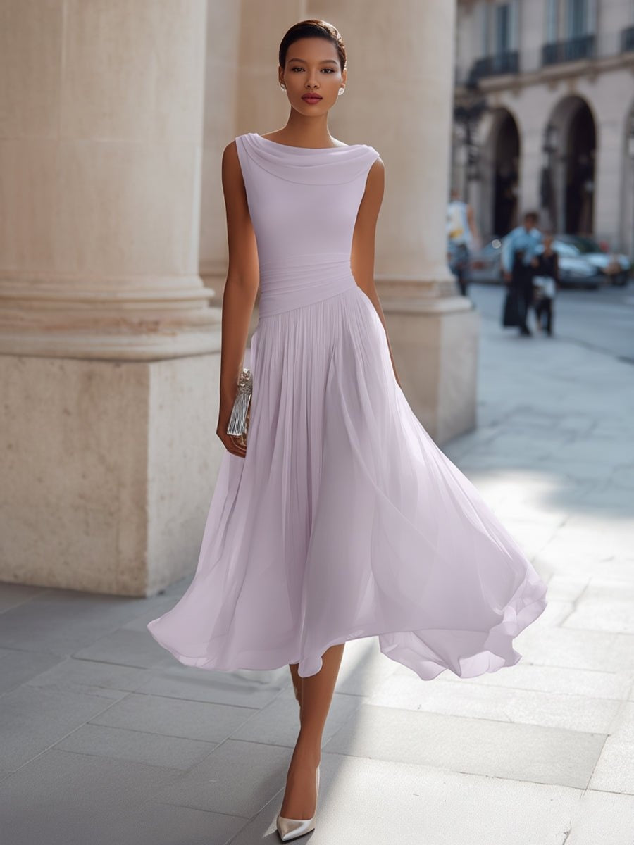 Vestido midi para mujer, drapeado y elegante, sin mangas, perfecto para bodas y fiestas.