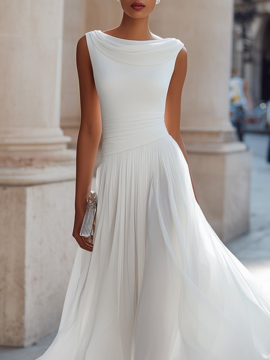 Vestido de ceremonia midi drapeado, diseño sin mangas y falda fluida para un look sofisticado.