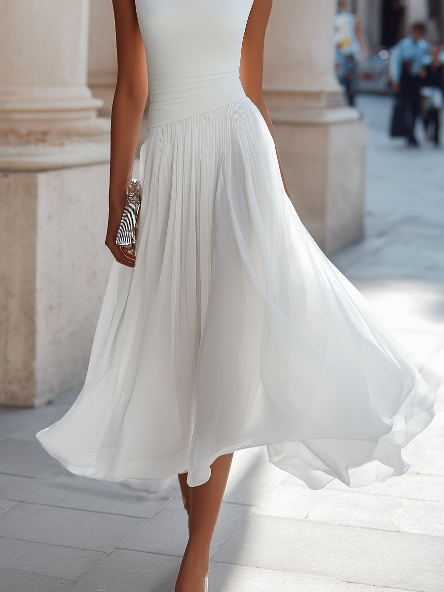 Vestido midi elegante para mujer, estilo drapeado y sin mangas, ideal como vestido de fiesta.