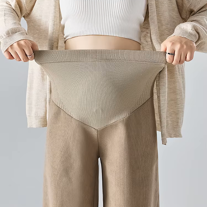 Pantalones de maternidad de pierna ancha transpirables plegados, ropa de embarazo cómoda y moderna.