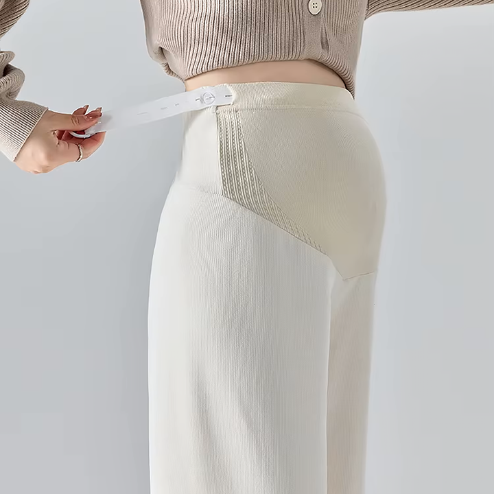 Moda femenina: pantalones de maternidad de pierna ancha, estilo relajado, perfectos para ropa casual de embarazo.