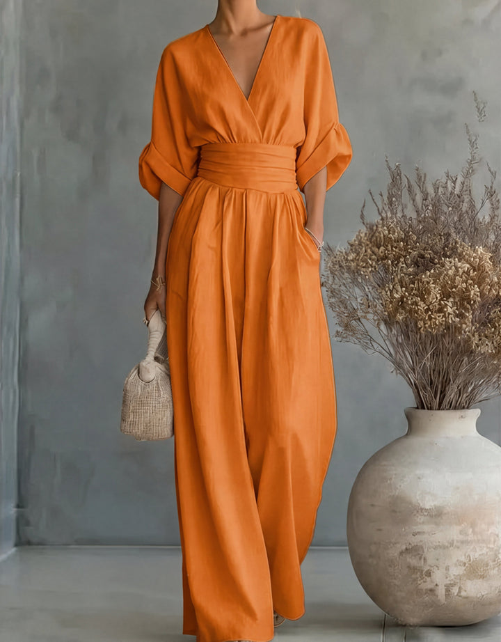 Mono de mujer cómodo, estilo casual y elegante. Escote en V y pantalón ancho para el verano.