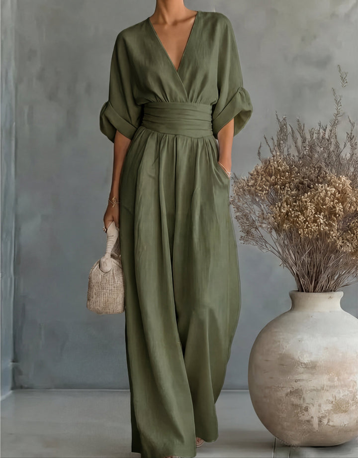 Ropa de mujer: mono largo elegante con escote V. Perfecto para eventos o uso casual diario.
