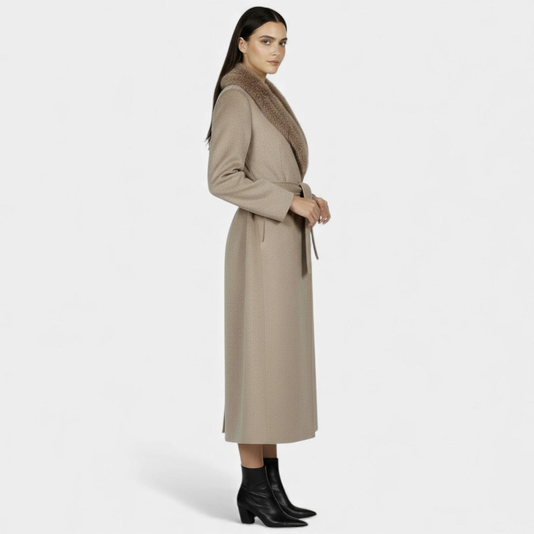 Abrigo sofisticado de lana para mujer, largo, con elegante cuello de piel, prenda exterior imprescindible.