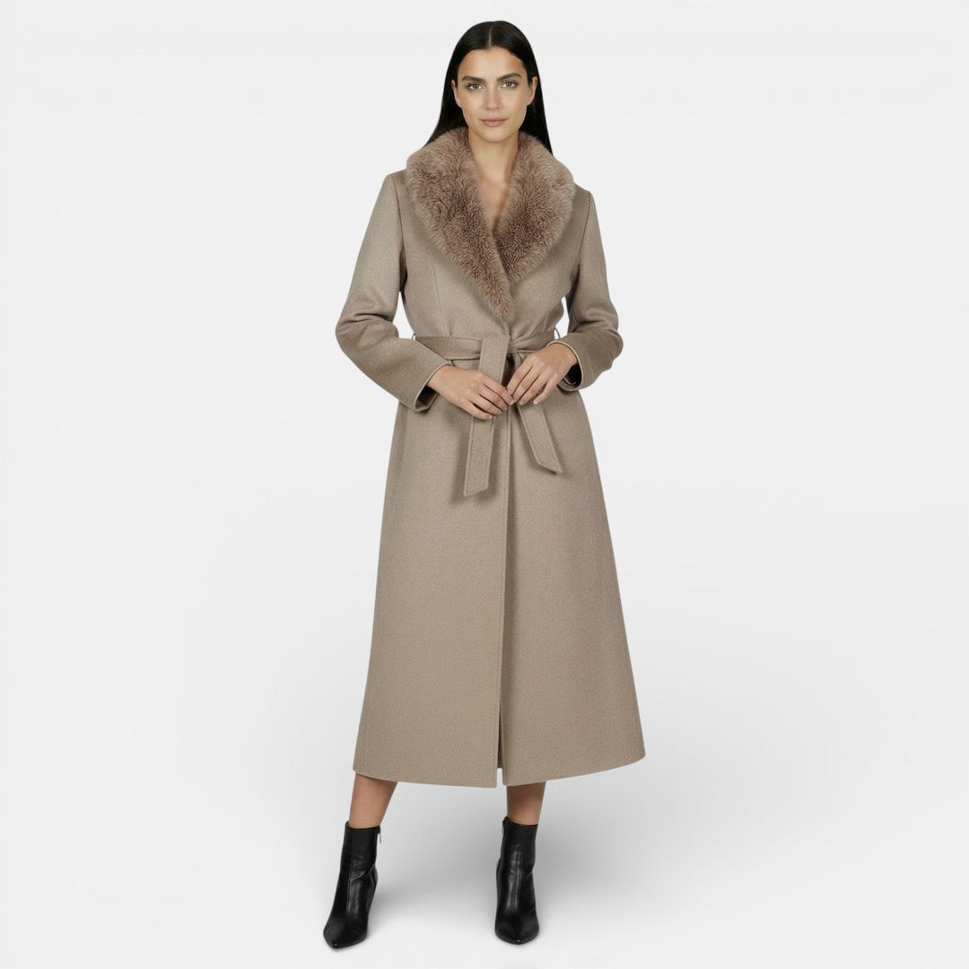 Abrigo de lana cálido para mujer, largo y de moda, con cuello de piel sintética, ideal para el invierno.