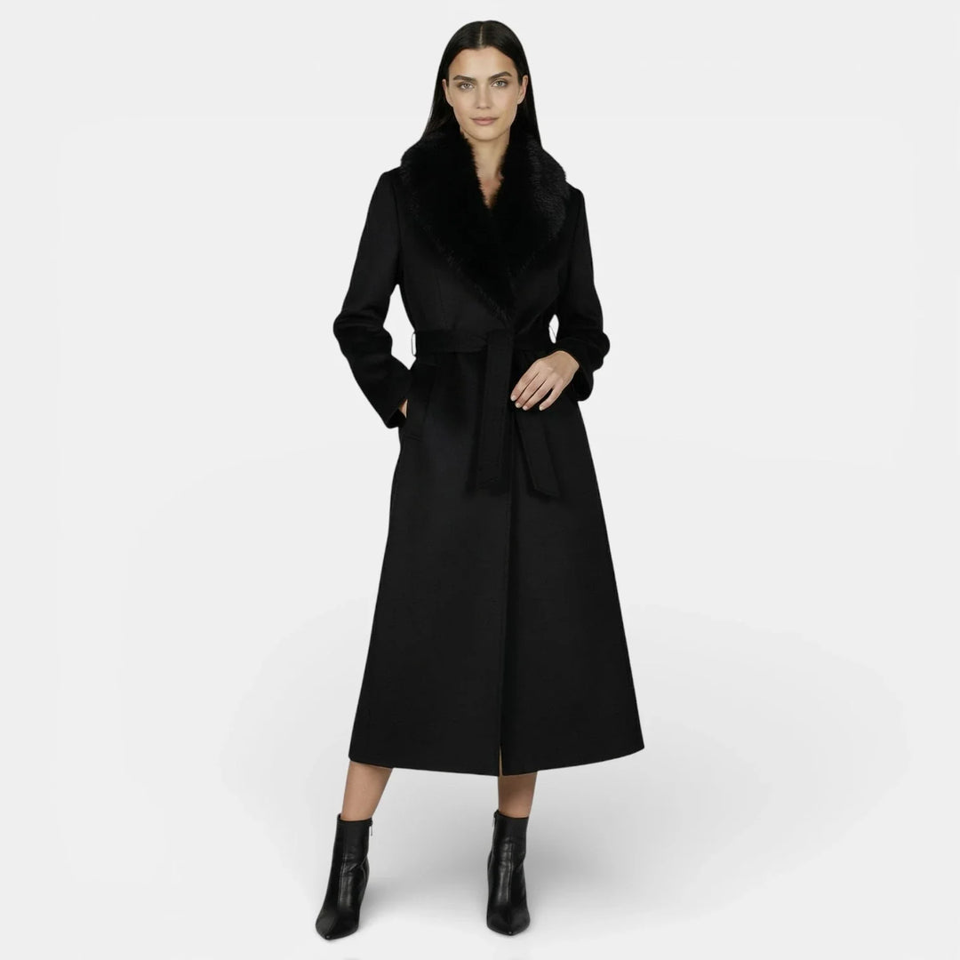 Abrigo largo de lana para mujer con cuello de piel sintética, elegante y cálido para invierno.