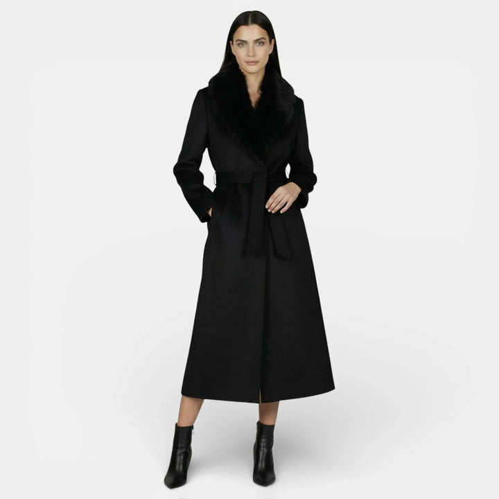 Abrigo largo de lana para mujer con cuello de piel sintética, elegante y cálido para invierno.