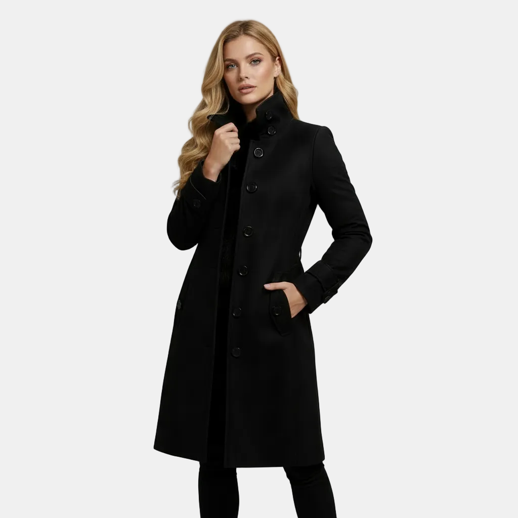Abrigo de mujer tipo trench de lana, cálido y elegante para otoño-invierno. Ideal para un look sofisticado y a la moda.
