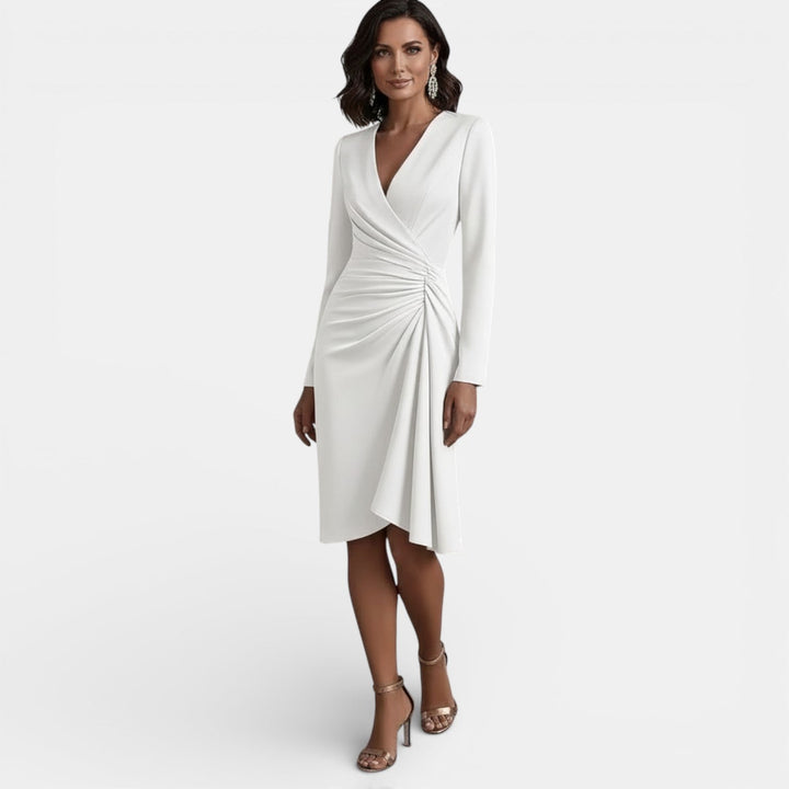Vestido de mujer versátil, largo midi, con escote en V. Estilo moderno para fiesta, oficina o cena.