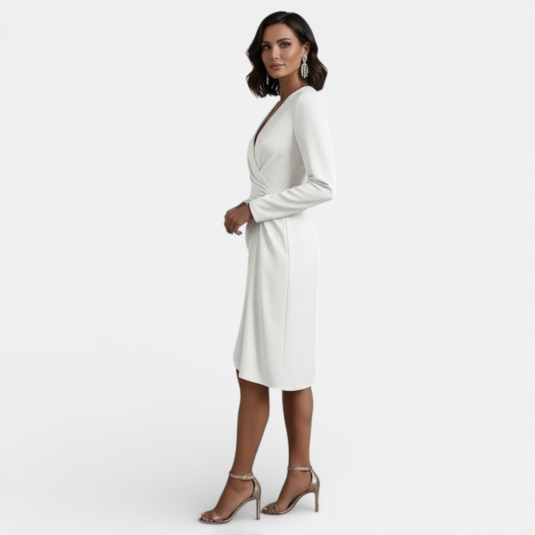Vestido midi formal para mujer, escote en V y línea A que realza la figura. Look sofisticado.