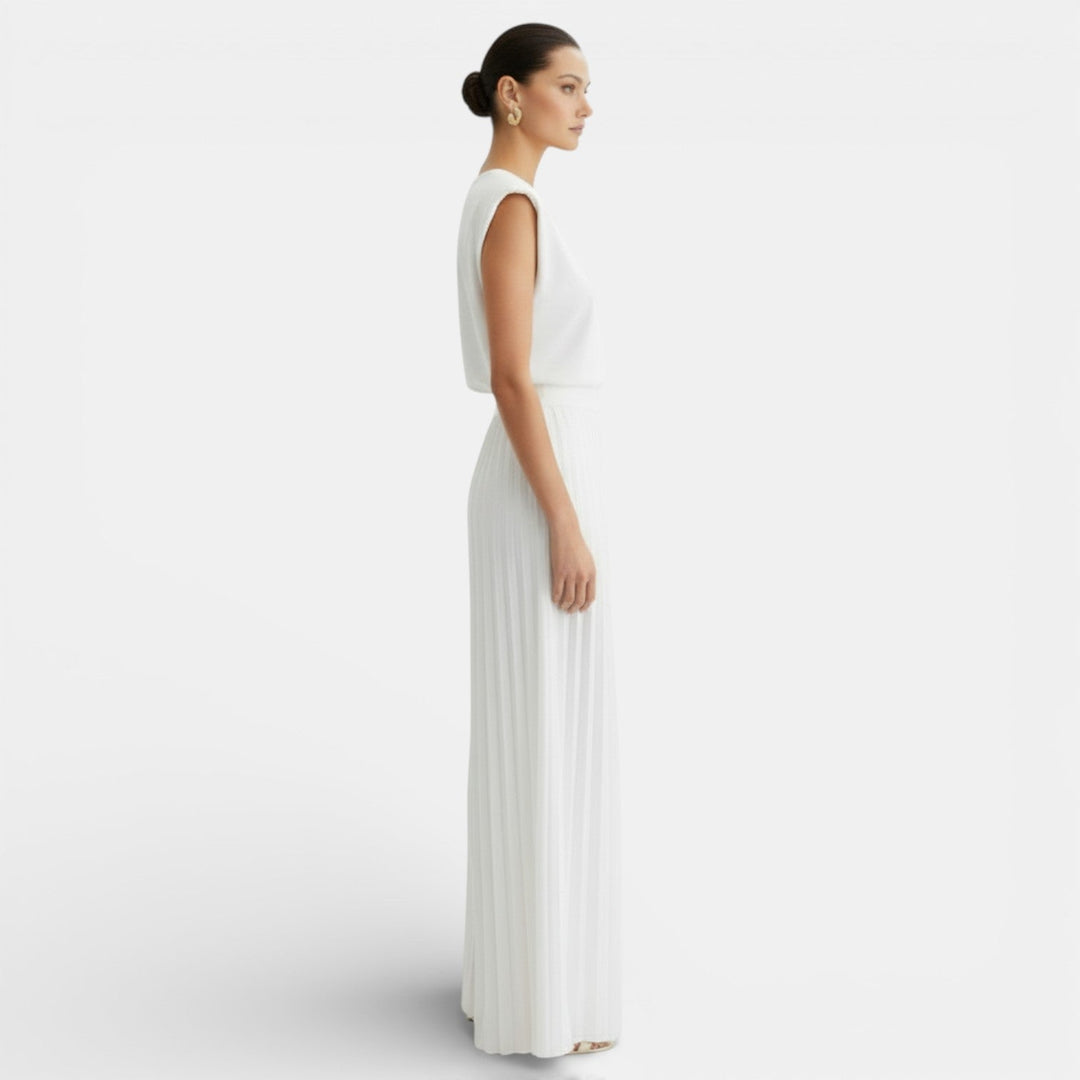 Conjunto sin mangas para mujer con pantalón wide leg plisado. Estilo casual y chic de verano.