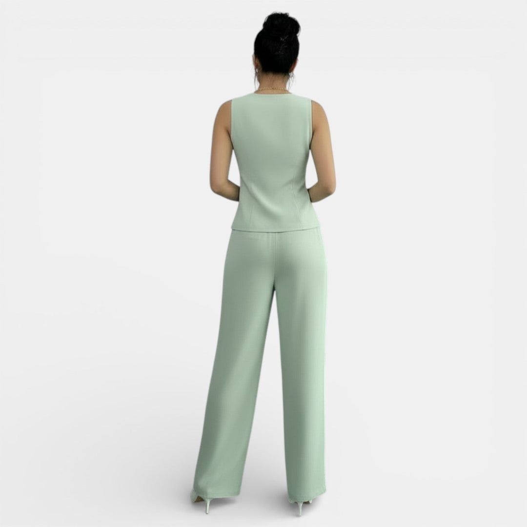 Conjunto de primavera rosa: chaleco de mujer y pantalón tiro alto elegante para estilo femenino.