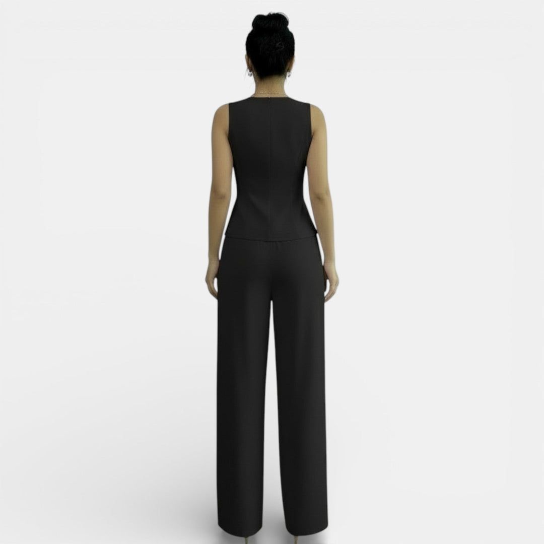 Conjunto clásico negro de chaleco y pantalón de primavera para mujer, moda atemporal y cómoda.