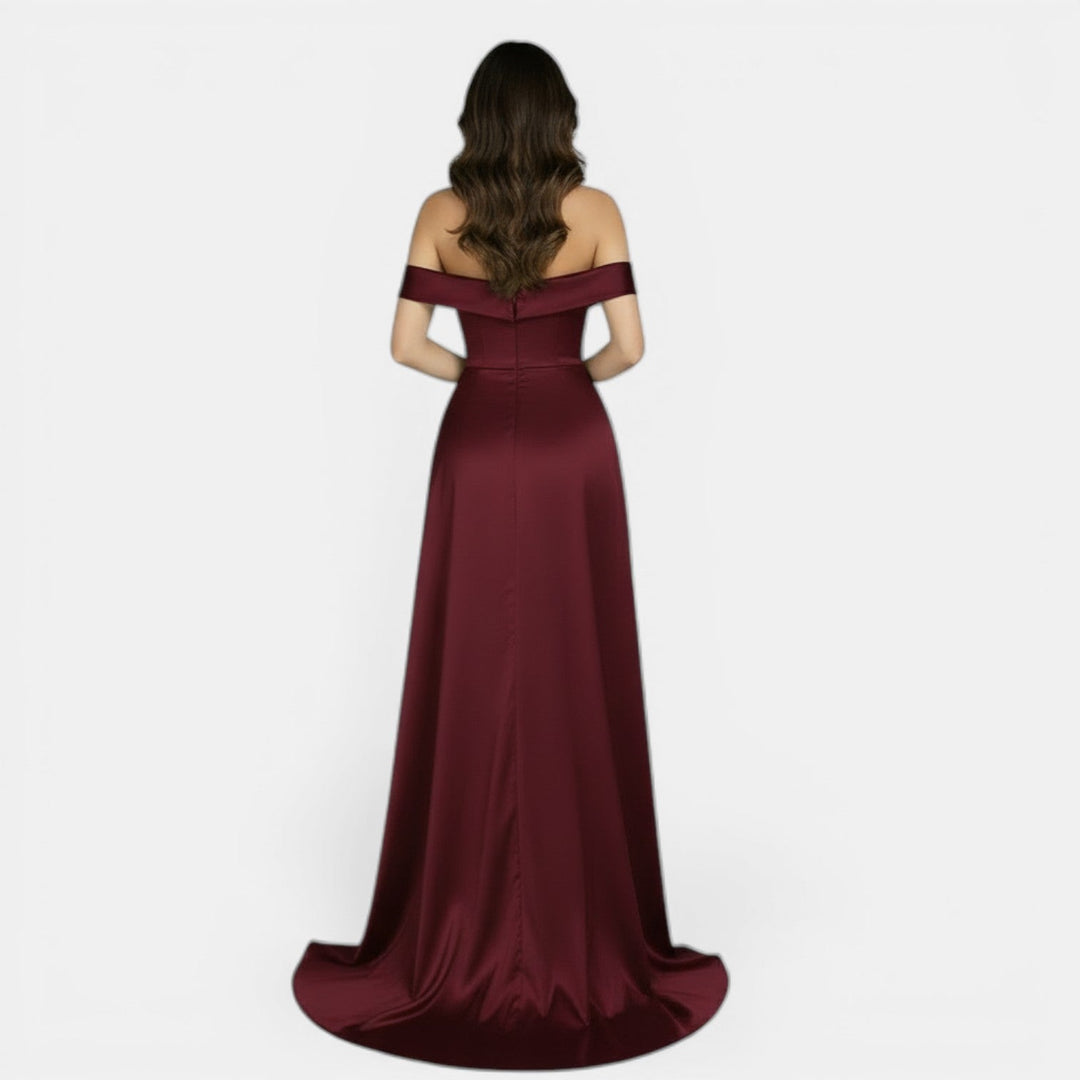 Vestido elegante de fiesta off-shoulder con abertura alta, para mujer, silueta ajustada, moda de noche.