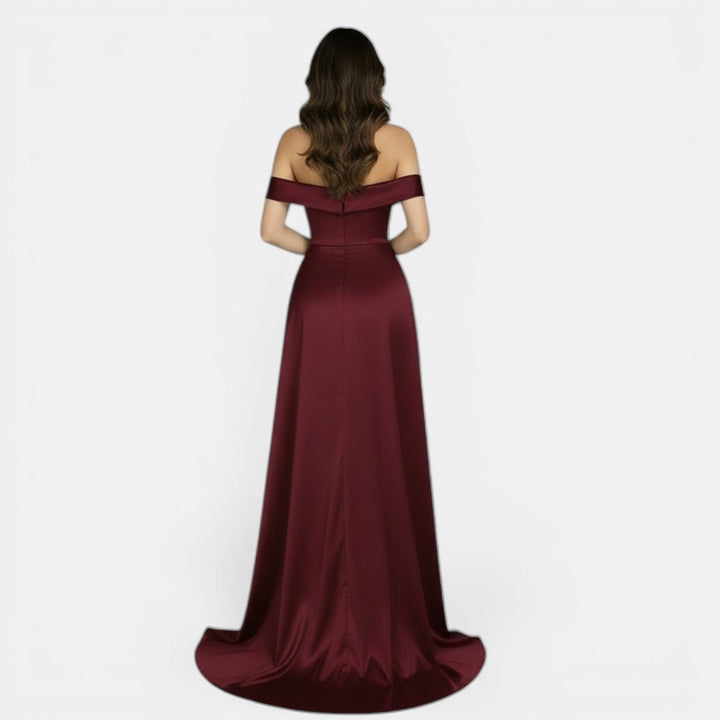 Vestido elegante de fiesta off-shoulder con abertura alta, para mujer, silueta ajustada, moda de noche.