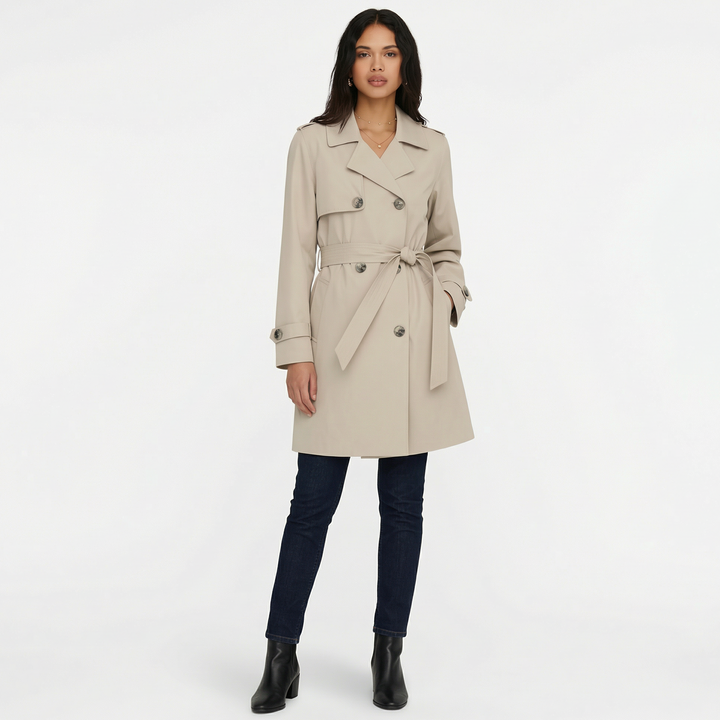 Chaqueta gabardina midi mujer, doble botonadura. Perfecta para primavera y otoño, look elegante y actual.