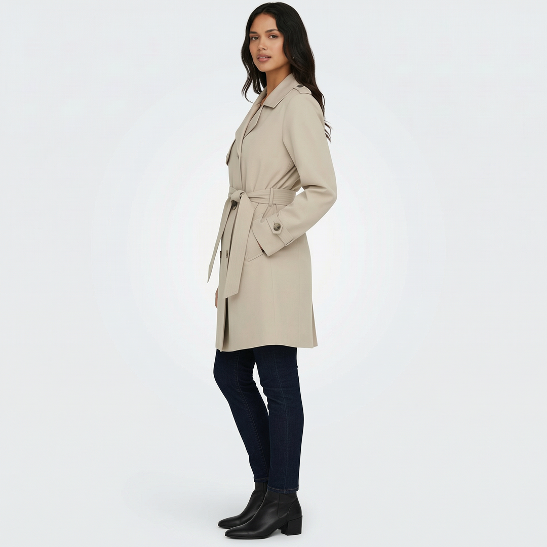 Abrigo de entretiempo para mujer: gabardina midi elegante con doble botonadura, estilo moderno y chic.