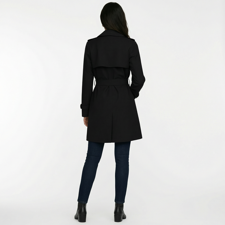 Abrigo elegante de entretiempo para mujer: gabardina midi con doble botonadura. Estilo atemporal y sofisticado.