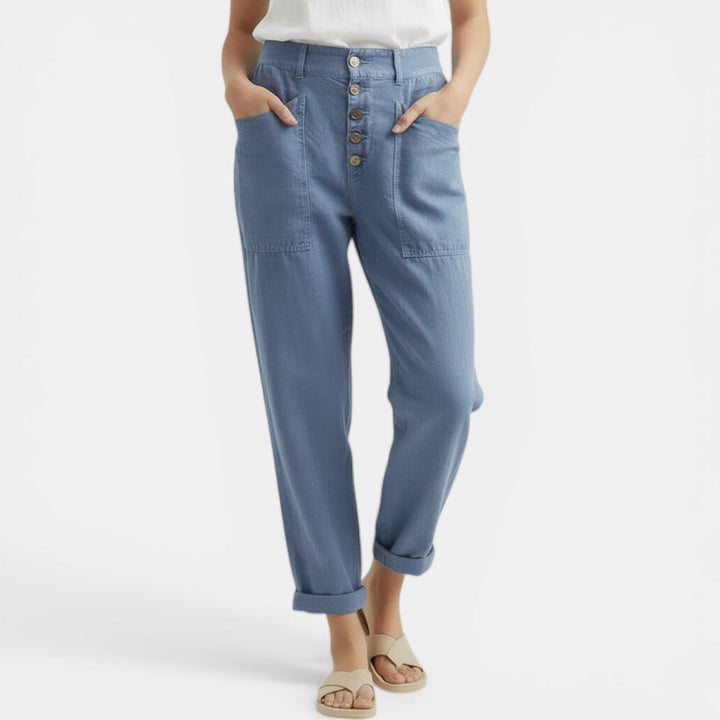 Comodidad asegurada con pantalón ancho de algodón lino para mujer. Ajuste suave y casual para verano.