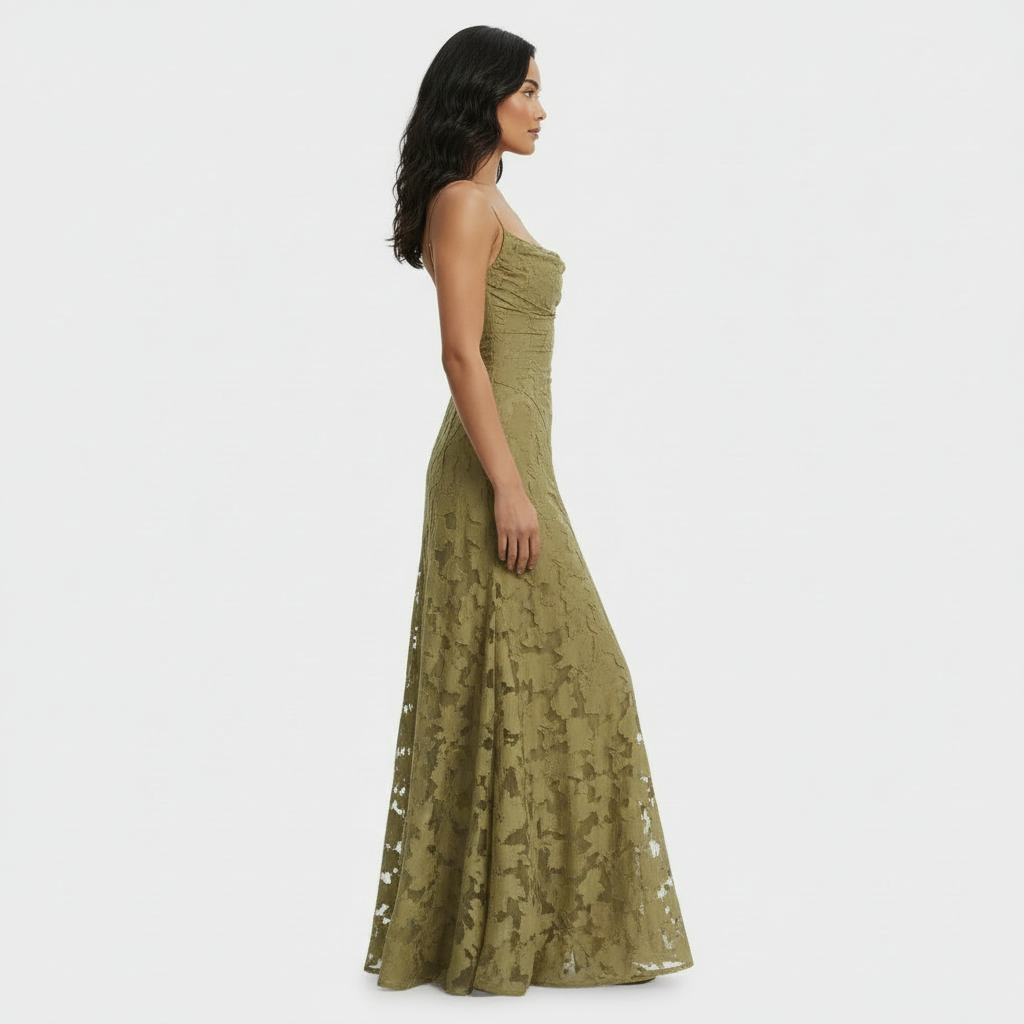 Vestido de fiesta floral con corte largo para mujer y espalda abierta. Estilo elegante para cualquier ocasión.