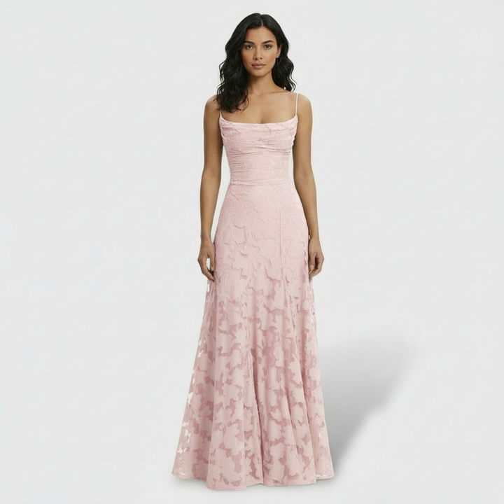 Vestido largo y elegante para mujer, estampado floral y espalda abierta. Perfecto para bodas o celebraciones.