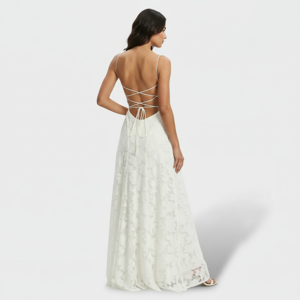 Vestido largo floral y sofisticado para mujer, con espalda abierta. Ideal para fiestas y eventos de gala.